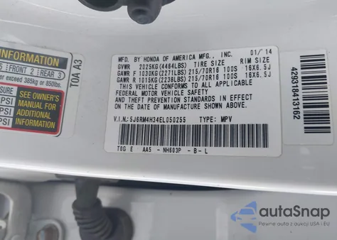 2014 Honda Cr-V Lx z USA, uszkodzony, nr VIN 5J6RM4H34EL050255